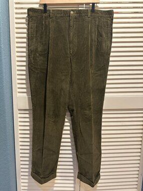 Vintage Tommy Hilfiger Corduroy Pants 40 Olive Green Pleated Cuffed 90s Academia